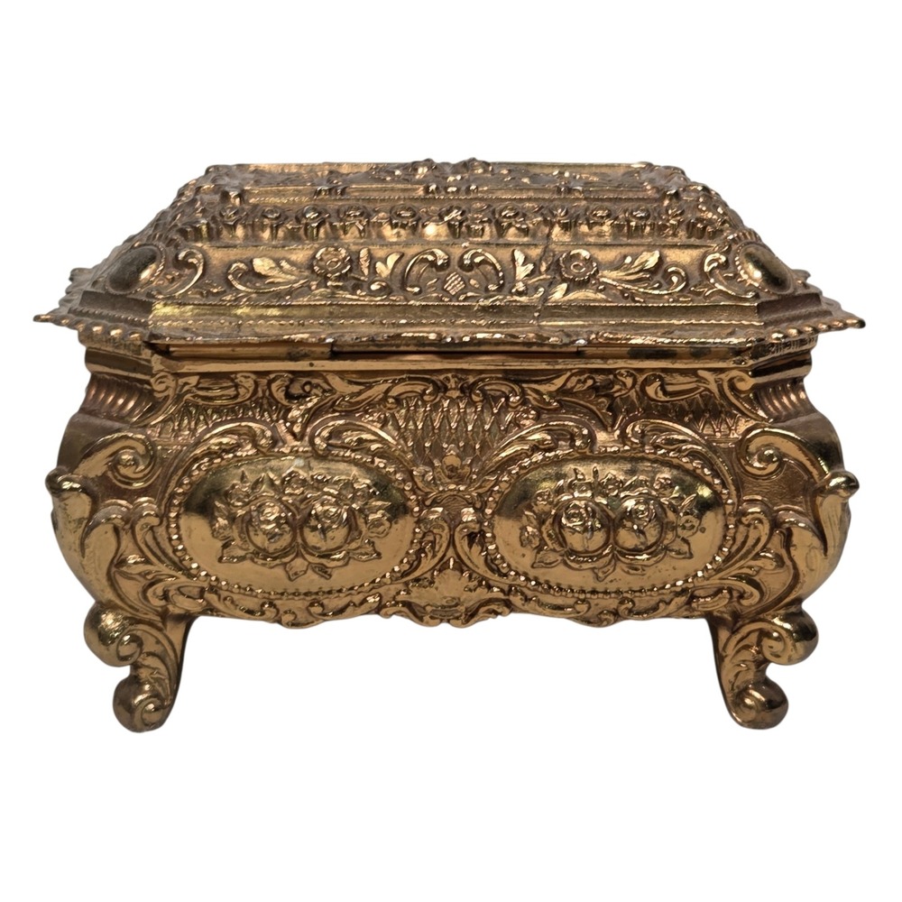 Jewelry Box  Gold Ornate Floral Footed Red Velvet Lining Vintage Heavy vtg